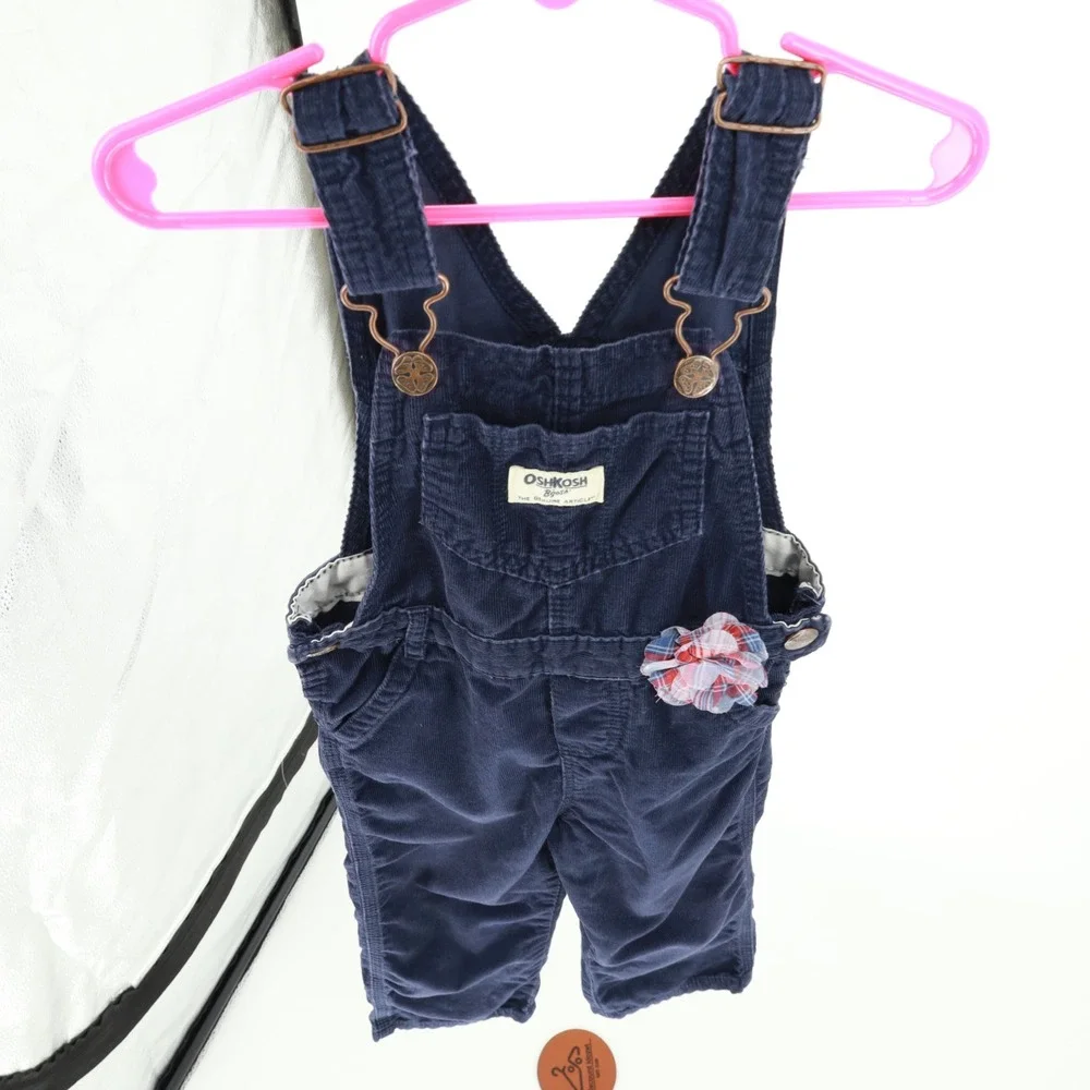 OshKosh Bgosh Toddler Navy Blue Corduroy‎ Vestbak Overalls Size 3T Flower Accent